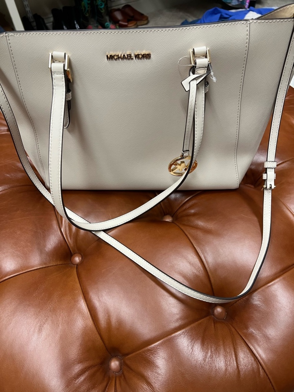 Michael Kors Ivory Saffiano Leather Tote with Gold Hardware